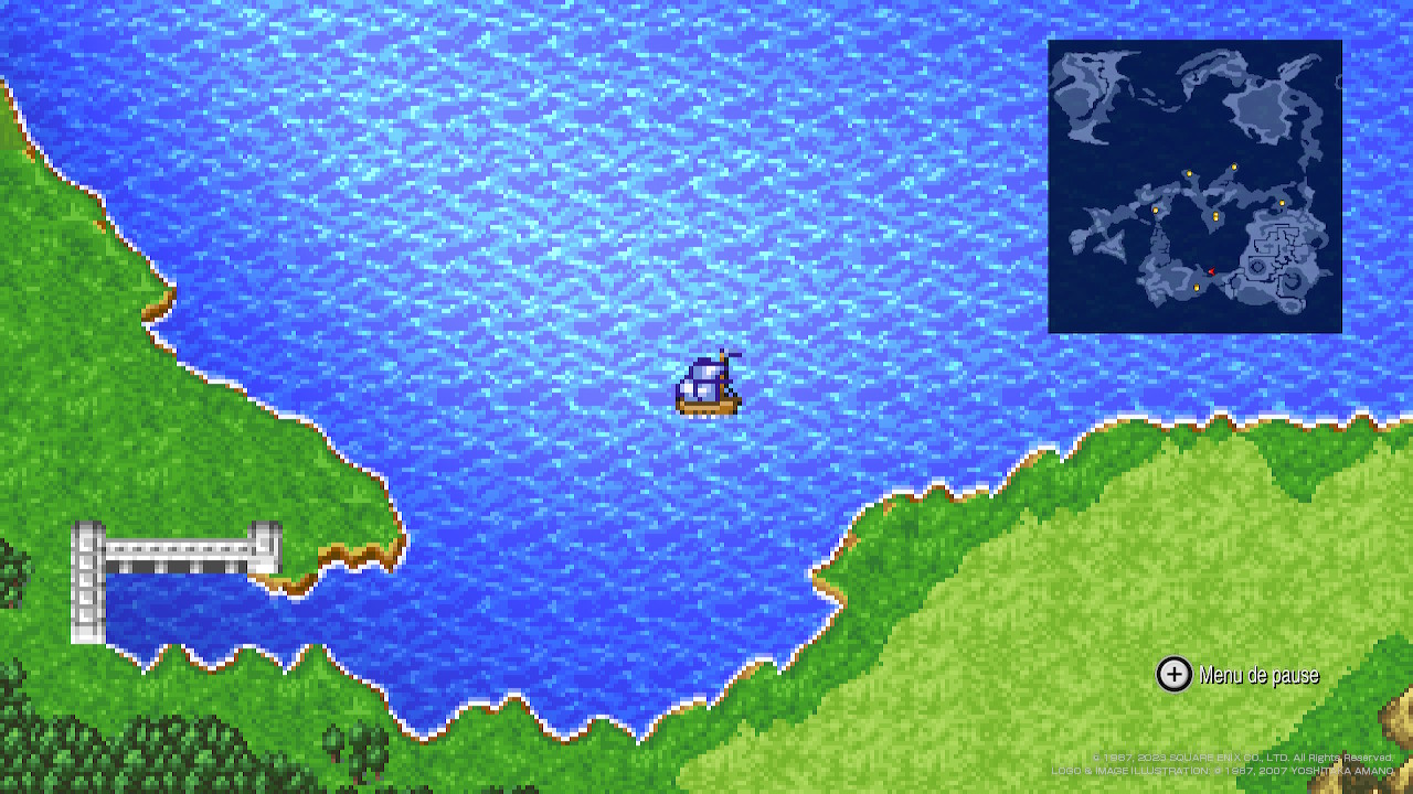 La mini carte est présente lors de l'exploration du monde extérieur de Final Fantasy 1 Pixel Remaster Bateau sur la mer