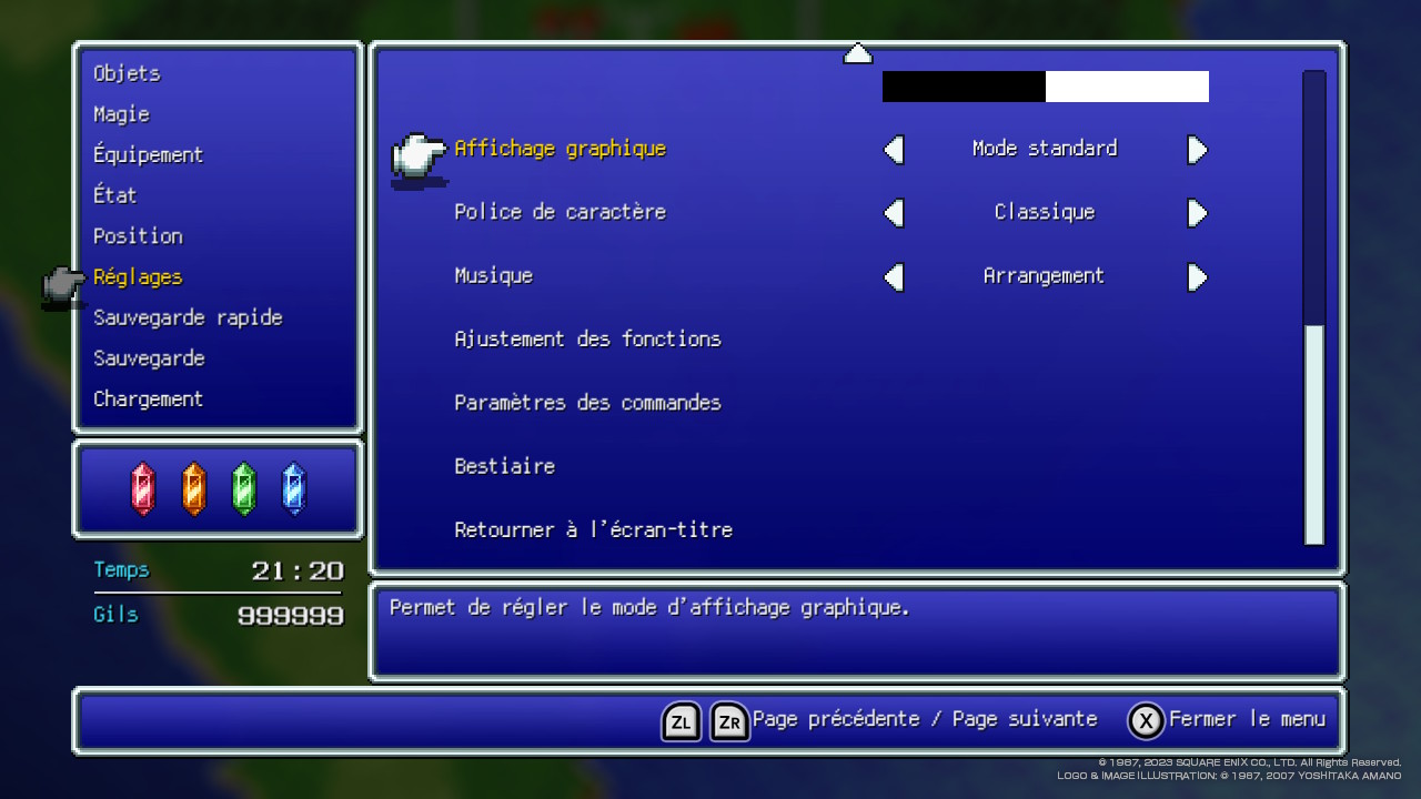 Réglages de Final Fantasy 1 Pixel Remaster Menus de jeu
