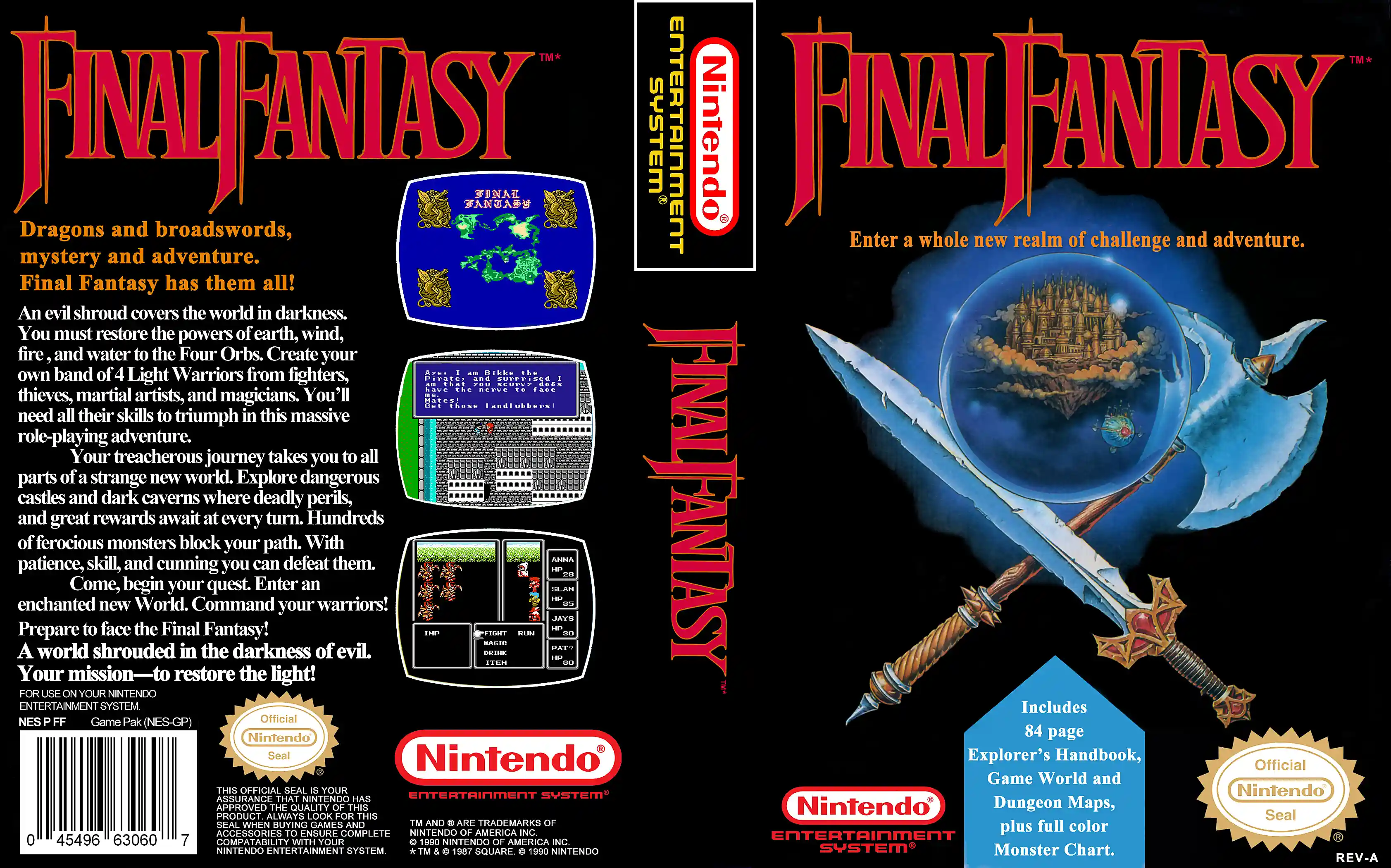 Couverture de la boîte de Final Fantasy (Source : The Cover Project). Boule de cristal, épée et hache