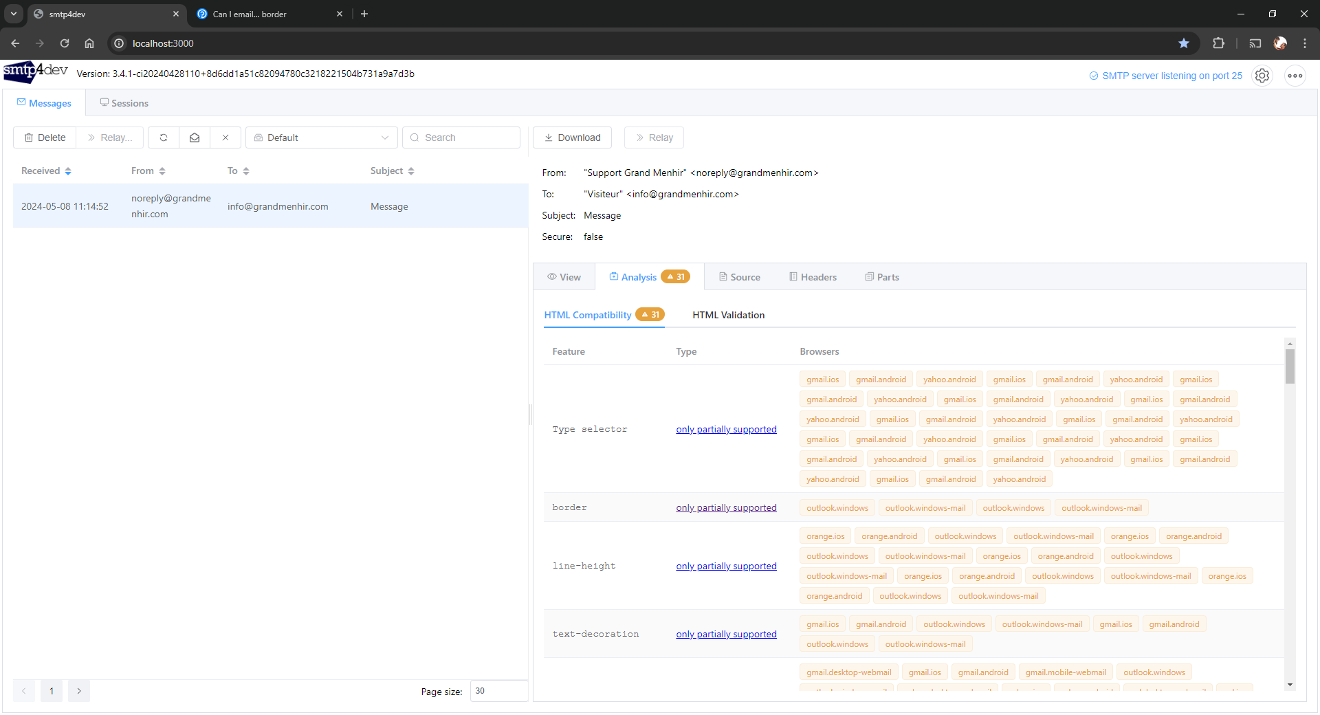 Interface smtp4dev onglet Analysis Analyse de courriels avec smtp4dev
