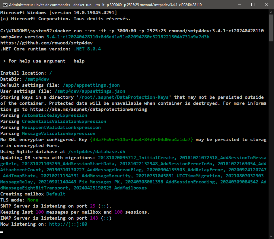 Démarrage de l'image Docker de smtp4dev CMD DOS