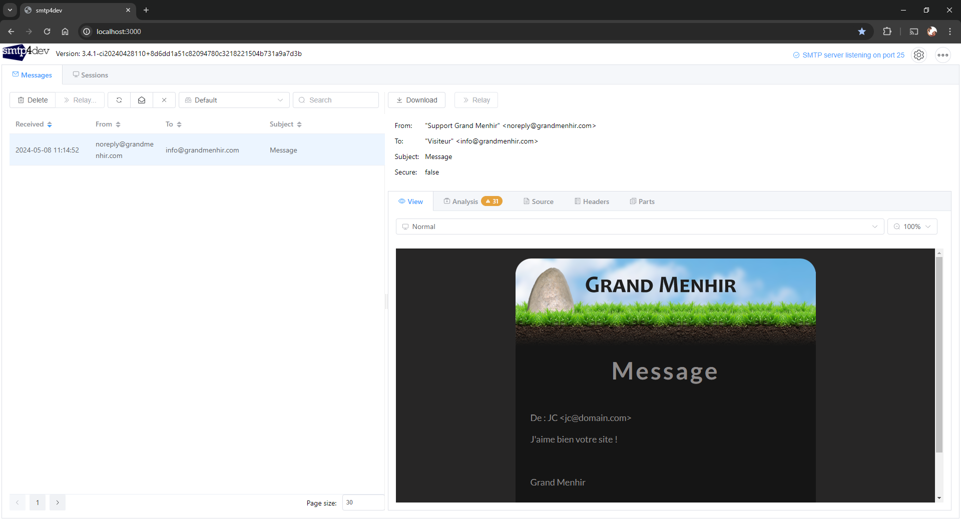 Interface smtp4dev Visualisation de courriels avec smtp4dev