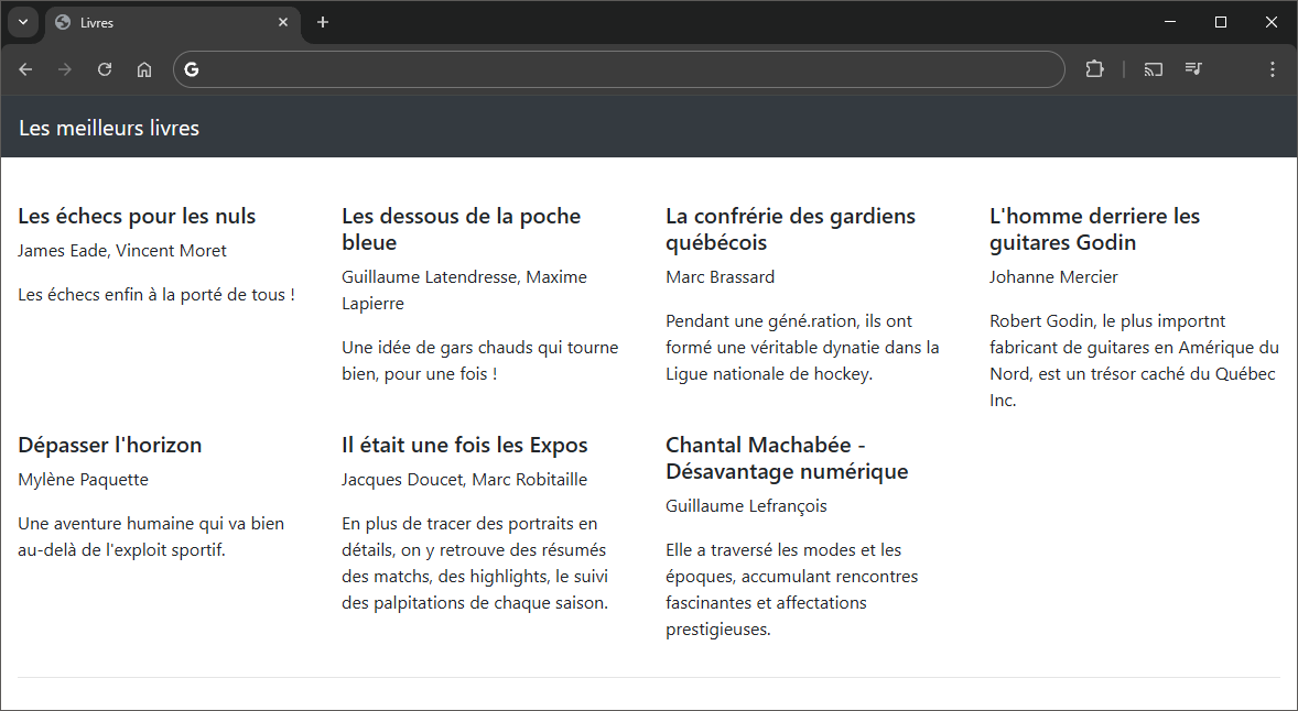 Résultat final de la fusion des données extraites de SQLite et du gabarit handlebars. Page Web affichant une liste de livre.