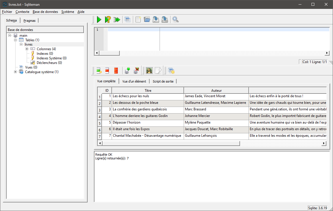 Interface utilisateur Sqliteman. Interface de logiciel listant des tables et les données de la table sélectionnée.